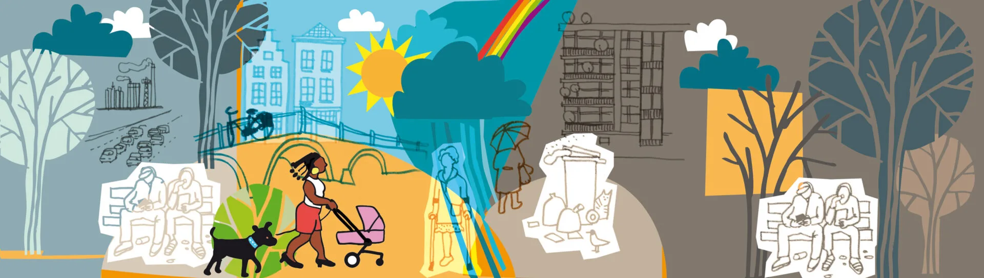 Illustratie zoals te vinden is op de omslag van het boek Wakker in Gods wereld